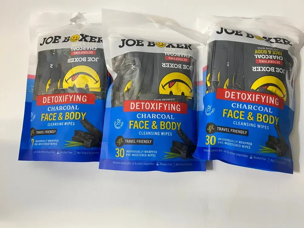 Joe Boxer Detoxifying Charcoal Face and Body Wipes 90 Pack Individually Wrapped
